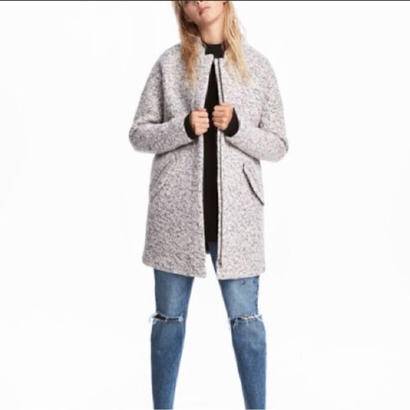 H&M 2 Melange Mid length Teddy Coat in Boucle Yarn Grey - Picture 2 of 10